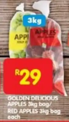 Shoprite GOLDEN DELICIOUS APPLES 3kg bag/ RED APPLES 3kg bag each offer