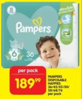 Shoprite PAMPERS DISPOSABLE NAPPIES 36/42/45/50/ 58/68/76 offer