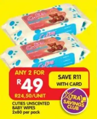 CUTIES UNSCENTED BABY WIPES 2x80 per pack