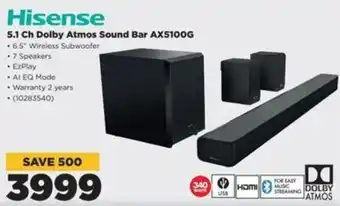 HiFi Corp Hisense 5.1 Ch Dolby Atmos Sound Bar AX5100G offer