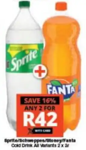 Checkers Sprite/Schweppes/Stoney/Fanta Cold Drink All Variants 2 x 2L offer