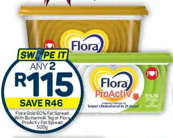 Pick n Pay Hypermarket Flora Gold 60% Fat Spread With Buttermilk 1kg or Flora ProActiv Fat Spread 500g offer