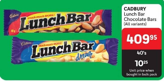 CADBURY Lunch Bar Chocolate Bars (All variants) offer at Makro