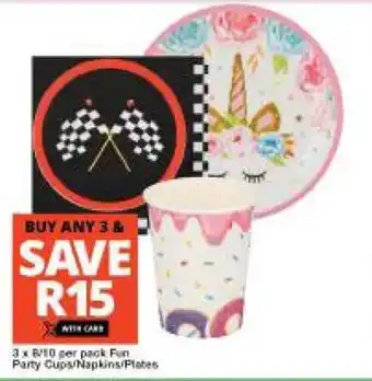 Checkers Hyper 3x6/10 per pack Fun Party Cups/Napkins/Plates offer