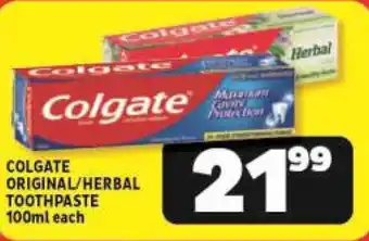 Usave COLGATE ORIGINAL/HERBAL TOOTHPASTE 100ml each offer