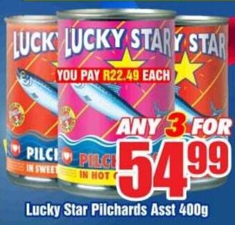 Three Star Cash and Carry Lucky Star Pilchards Asst 400g offer