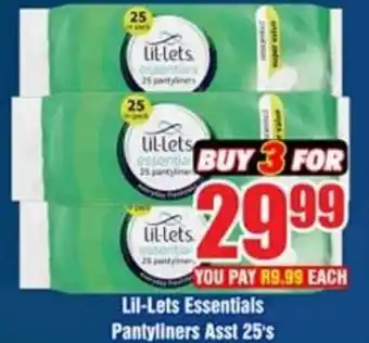 Three Star Cash and Carry Lil-Lets Essentials Pantyliners Asst 25's offer