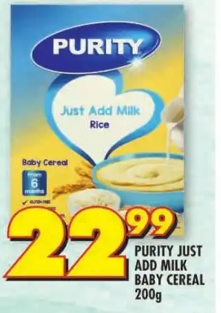 Shoprite PURITY JUST ADD MILK BABY CEREAL 200g offer