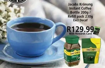 SuperSpar Jacobs Krönung Instant Coffee Bottle 200g / Refill pack 230g Excl Decaf offer