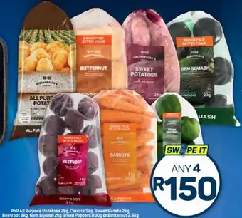 Pick n Pay Hypermarket PnP All Purpose Potatoes 2kg, Carrots 3kg, Sweet Potato 2kg. Beetroot 3kg. Gem Squash 2kg Green Peppers 800g or Butternut offer