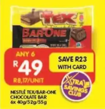 Shoprite NESTLE TEX/BAR-ONE CHOCOLATE BAR 6x 40g/52g/55g offer