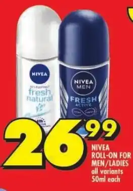 Shoprite NIVEA ROLL-ON FOR MEN/LADIES all variants 50ml each offer