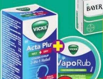 VICKS ACTA PLUS WET AND DRY SYRUP 50ml VICKS VAPORUB 10g offer at Shoprite