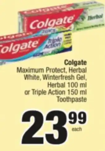 Spar Savemor Colgate Maximum Protect, Herbal White, Winterfresh Gel, Herbal 100 ml or Triple Action 150 ml Toothpaste offer