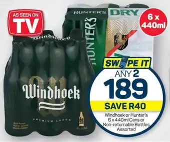 Pick n Pay Windhoek or Hunter's 6x440ml Cans or Non-returnable Bottles Assorted offer