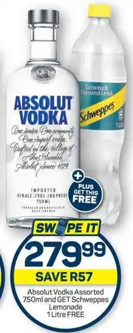 Pick n Pay Absolut Vodka Assorted 750ml and GET Schweppes Lemonade offer