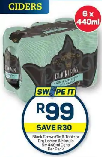 Pick n Pay Black Crown Gin & Tonic or Dry Lemon & Marula 6x440ml Cans Per Pack offer