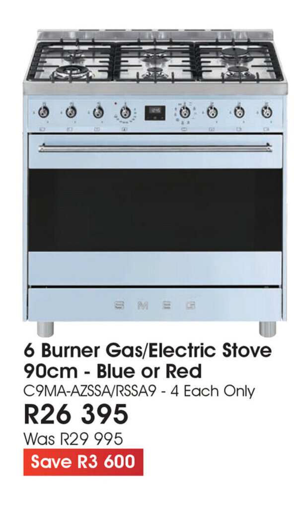 Smeg 6 Burner Gas/Electric Stove 90cm Blue or Red offer at The Digital Experience