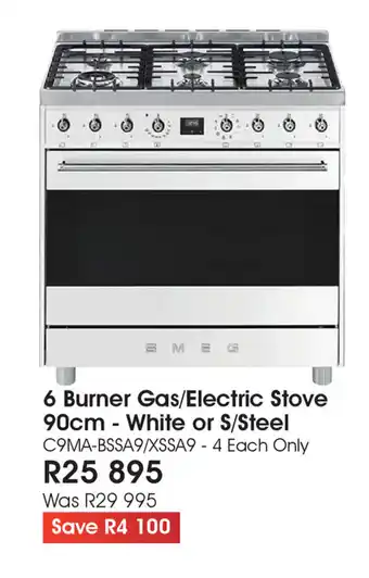 6 Burner Gas/Electric Stove 90cm - White or S/Steel