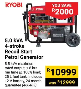 Builders Warehouse RYOBI 5.0 KVA 4-stroke Recoil Start Petrol Generator offer