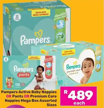 Game Pampers Active Baby Nappies OR Pants OR Premium Care Nappies Mega Box Assorted Sizes offer