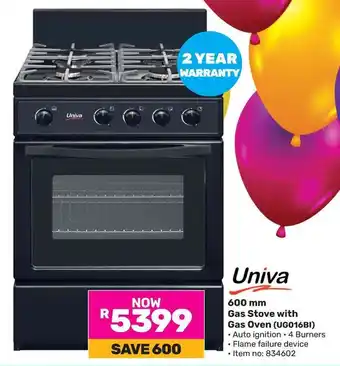 Game Univa 600mm Gas Stove with Gas Oven (UG016BI) offer