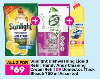 Game Sunlight Dishwashing Liquid Refill, Handy Andy Cleaning Cream Refill OR Domestos Thick Bleach 750 ml Assorted offer