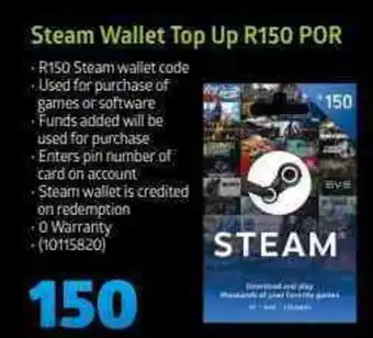 Incredible Connection Steam Wallet Top Up R150 POR offer