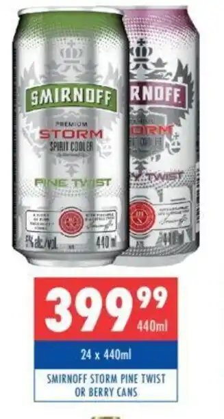 Ultra Liquors SMIRNOFF STORM PINE TWIST OR BERRY CANS offer