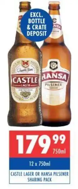 Ultra Liquors CASTLE LAGER OR HANSA PILSENER SHARING PACK offer