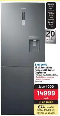 Makro Samsung - 432 l frost free fridge with water dispenser offer