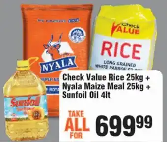 Check Star Check Value Rice 25kg + Nyala Maize Meal 25kg + Sunfoil Oil 4lt offer