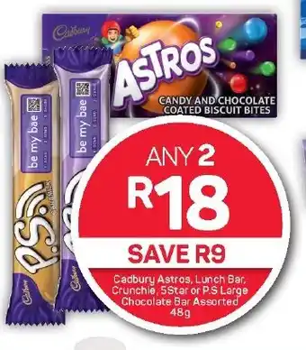 Pick n Pay Hypermarket Cadbury Astros, Lunch Bar, Crunchie, 5Star or P.S Large Chocolate Bar Assorted 48g offer