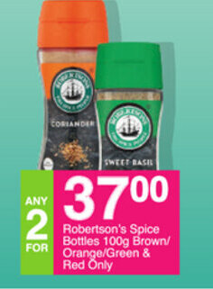 Save Robertson's Spice Bottles 100g Brown/Orange/Green & Red Only offer