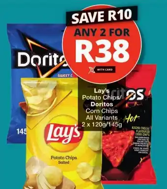 Checkers Lay's Potato Chips/ Doritos Corn Chips All Variants Hot 2 x 120g/145g offer