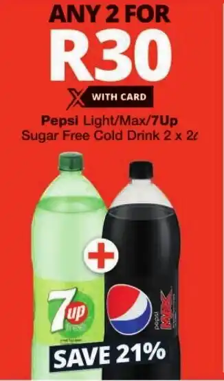 Checkers Pepsi Light/Max/7Up Sugar Free Cold Drink 2 x 2L offer