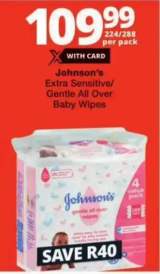 Checkers Johnson's Extra Sensitive/ Gentle All Over Baby Wipes offer