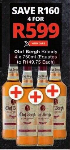 Olof Bergh Brandy 4 x 750ml offer at Checkers Hyper