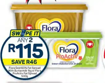 Pick n Pay Hypermarket Flora Gold 60% Fat Spread With Buttermilk 1kg or Flora ProActiv Fat Spread 500g offer