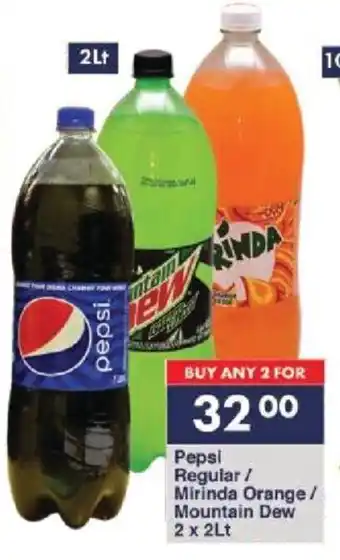 President Hyper Pepsi Regular/ Mirinda Orange/ Mountain Dew 2 x2Lt offer