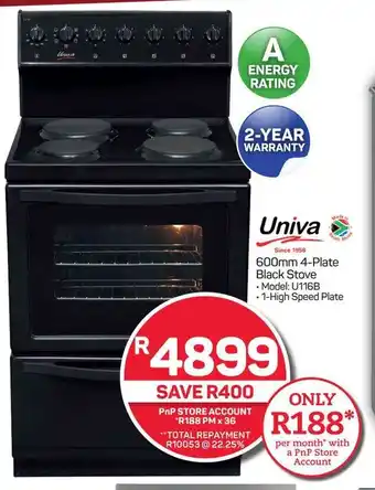 Pick n Pay Hypermarket Univa 600mm 4-Plate Black Stove offer