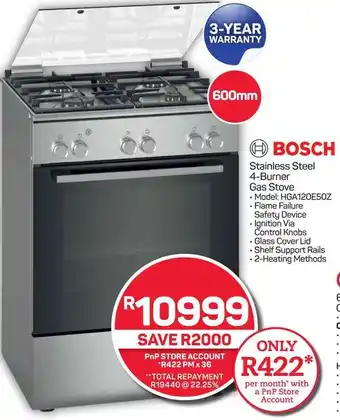 Pick n Pay Hypermarket BOSCH Stainless Steel 4-Burner Gas Stove offer