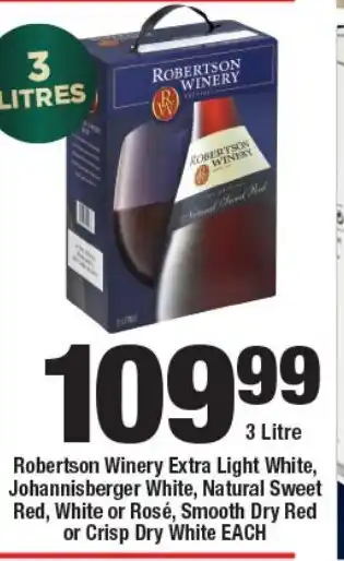 OK Liquor Robertson Winery Extra Light White, Johannisberger White, Natural Sweet Red, White or Rosé, Smooth Dry Red or Crisp Dry White offer