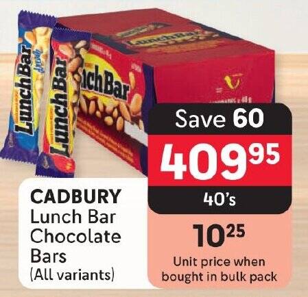 CADBURY Lunch Bar Chocolate Bars (All variants) offer at Makro