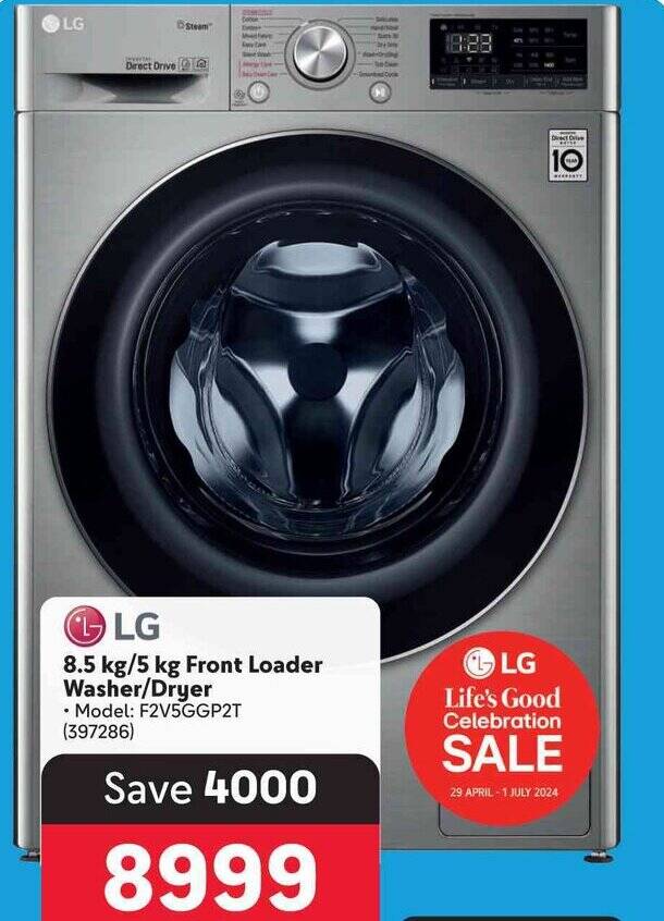 LG 8.5 kg/5 kg Front Loader Washer/Dryer offer at Makro