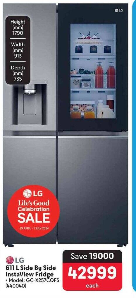 LG 611 L Side By Side InstaView Fridge offer at Makro