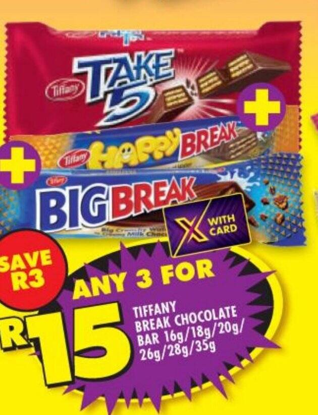 TIFFANY BREAK CHOCOLATE BAR 16g/18g/20g/ 26g/28g/35g offer at Shoprite