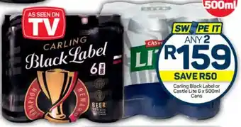 Pick n Pay Carling Black Label or Castle Lite 6 x 500ml Cans offer