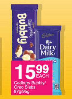 Save Cadbury Bubbly/ Oreo Slabs 87g/95g offer