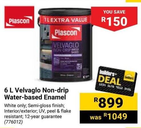 Plascon 6 L Velvaglo Non-drip Water-based Enamel offer at Builders ...